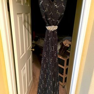 Long Sequin Black Dress w/Half Back-Out w/Embellished Tie Belt